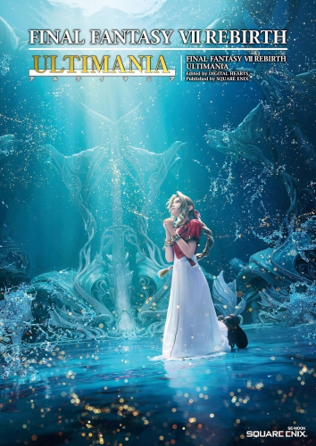 The image displays the cover of a book titled "FINAL FANTASY VII REBIRTH ULTIMANIA." 

The cover art features Aerith Gainsborough, a young woman with long brunette hair, kneeling at the Water Alter in the Forgotten City, water reaching up to her ankles. She is dressed in a red jacket top and a long pink dress, and her hands are clasped together in front of her in a prayerful gesture. Behind her, a magnificent and intricate formations creates a backdrop that resembles a grand, ethereal figure or entity. The overall atmosphere is one of wonder and serenity, with the light reflecting off the water and tiny particles scattered throughout the scene, suggesting a moment of tranquility or revelation.

Above the character, the title "FINAL FANTASY VII REBIRTH ULTIMANIA" is displayed prominently in gold letters with a trademark symbol, indicating the official nature of the publication. Below the image, additional text states "Edited by DIGITAL HEARTS Published by SQUARE ENIX."
