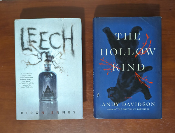Hardcovers of LEECH by Horton Ennes & THE HOLLOW KIND by Andy Davidson