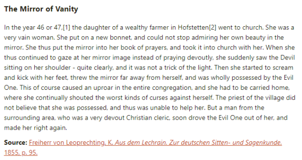 German folk tale "The Mirror of Vanity". Drop me a line if you want a machine-readable transcript!