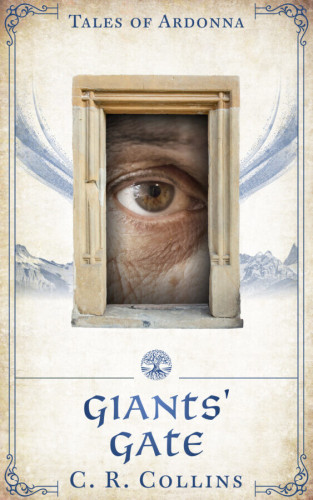 Cover - Giant's Gate by C. R. Collins - close-up f a brown eye looking through a small stone portal, illustration of blue ink mountains and clouds on a parchment background