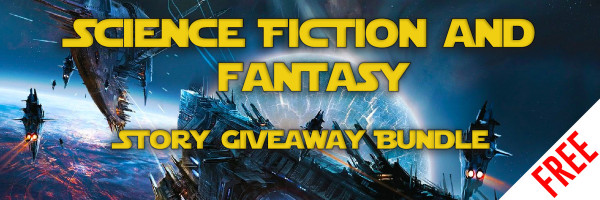 Science Fiction and Fantasy Story Giveaway Bundle. Yellow "Star Wars" font against a space battle image, with two large battleships facing off and shooting at each other and smaller vessels flying around above a volcanic planet.