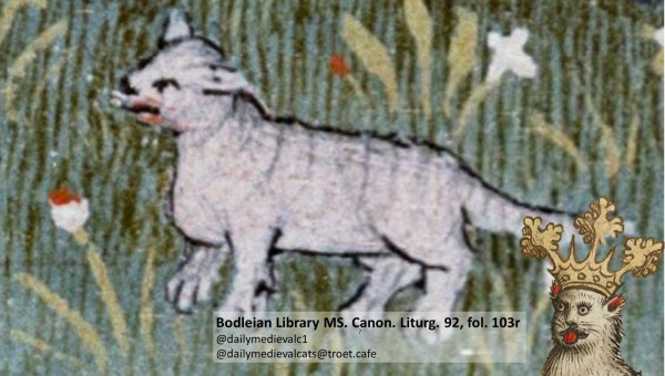 Picture from a medieval manuscript: A white cat in a meadow.