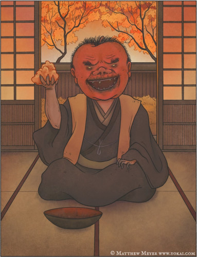 An illustration by Matthew Meyer depicting a human-like creature with a red apple shaped head, sitting in a Japanese style room and holding some food in its hand.