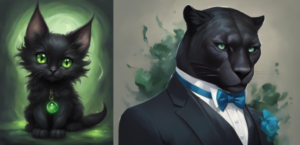 (Left) An AI generated image of Mashu'ra as a small, green-eyed black kitten.

(Right) Simmons using Mashu'ra's power to become as strong as a demon, taking on cat-man form, wearing a tuxedo.