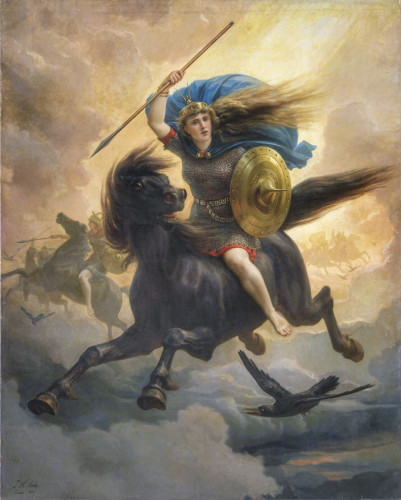 Peter Nicolai Arbo, Valkyrie. An oil painting of a wild-eyed, pale-skinned, bare-footed woman in maille, wielding a spear and shield, bareback-riding a wild-looking black horse across the stormy sky. Her long blonde hair and royal-blue cape stream out behind her. Behind her are her sisters. Alongside the horse flies a raven.