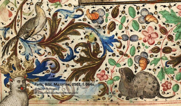 Picture from a medieval manuscript: A cat looking at a cat.