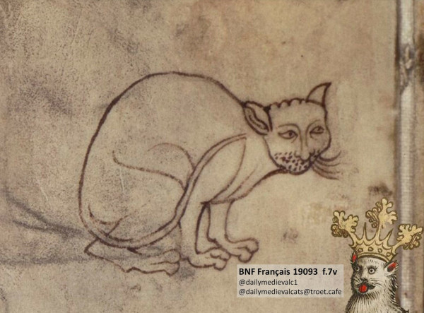 Picture from a medieval manuscript: A hunched-over cat with an almost human-like facial expression.