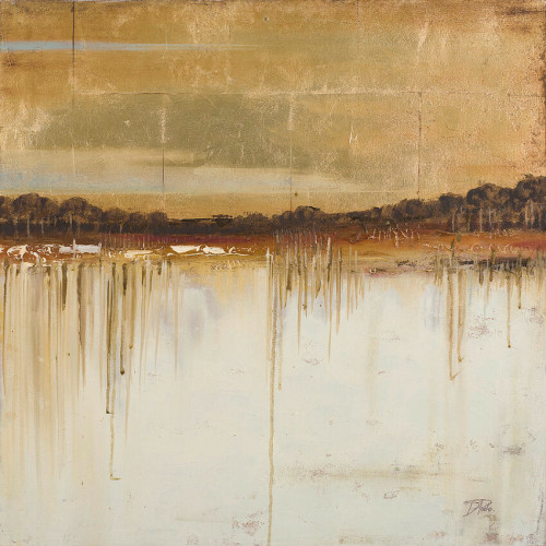 An abstract painting done in gold, cream and brown. Through the middle of the painting is a distant landscape of trees and low buildings next to water.