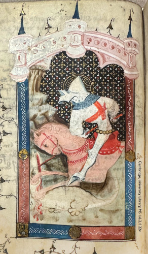 A miniature painted in a medieval manuscript: folio 22 verso in Cambridge, University Library, manuscript Ii.6.2. The rectangular image is surrounded by a border of pink, blue, and gold, surmounted with a turreted arch of pale pink masonry. Within this frame, before a dark background patterned with gold, white, and red, a stony cliff rises from a barren plain. Across the plain charges a knight. Clad in pale, gleaming plate armour graced with a scarlet cross, the knight—Saint George—rides a candy-pink war-horse. Together, horse and rider bear down upon a great dragon, the horse trampling the monster beneath rosy hooves as the knight lances it through the mouth. 