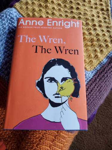 The novel The Wren, The Wren by Anne Enright (Jonathan Cape), with its striking cover showing a line drawing of a young woman with a small bird perched on her upraised hand, partly obscuring her face, sits on a crocheted afghan with colours (bright orange and yellow in particular) echoing the colours on the book cover
