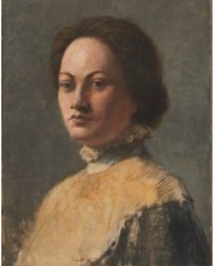 Jeanne Marie Barbey in a self portrait from 1900, painted, dark hair loosely pulled back into a low bun, wearing a dark cream Edwardian high necked blouse with a lace frill on collar. White woman with defined arched eyebrows smiling slightly looking over viewers shoulder to left. Grey plain background 