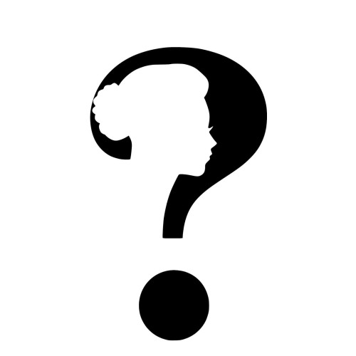 Black question mark on white background with an image of a woman in profile facing right with hair in a bun as the inner curve of the ? indicating no known image found