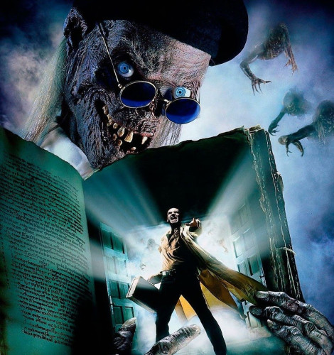 Demon Knight promo art. The Cryptkeeper in a beret and with round sunglasses tilted down, holding a book with Billy Zane's character coming out of it. Demons and monsters in the background, reaching out of the mist.