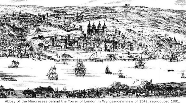 Black & white drawing from a high perspective, looking northwards across the River Thames to the Tower of London, with the convent of the Minoresses behind. Both are outside the curving wall of the City of London, to the left. Beyond the convent is empty countryside. Sailing ships ply the river. From Wyngaerde's view of 1543, reproduced 1881.