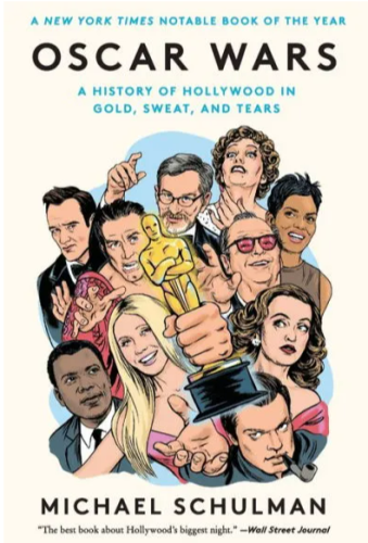 Cover for the book Oscar Wars: A History of Hollywood In Gold, Sweat, and Tears by Michael Schulman. 

A New York Times Notable Book of the Year

"The best book about Hollywood's biggest night." - Wall Street Journal

Cover shows cartoon versions ten Hollywood power players reaching for an Oscar statuette. Immediately recognizable are Quentin Tarentino, Stephen Spielberg, Halle Berry, Jack Nicholson, and Gwyneth Paltrow. 
