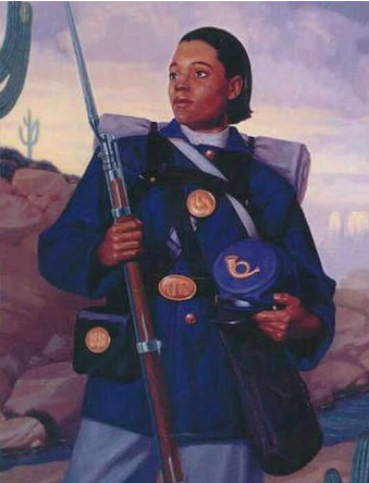 a rendering of Cathey Williams in her union army uniform disguised as a man. Holding a rifle in her right hand and a cap in her left. 