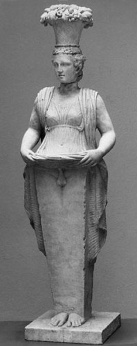 Marble herm of Aphrodite lifting her skirt to reveal a phallus.