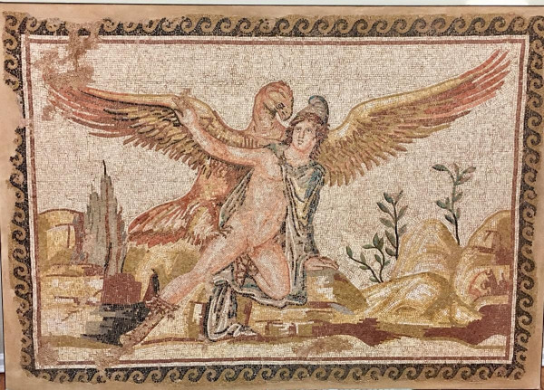 Mosaic of Zeus abducting Ganymede in the shape of an eagle.