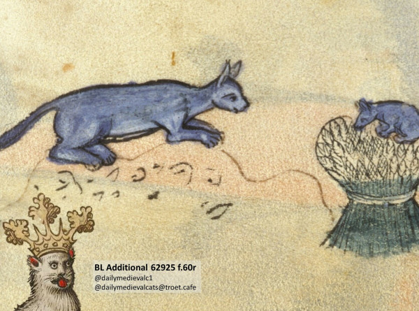 Picture from a medieval manuscript: A blue cat stalking a mouse of the same color.