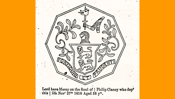 Transcript of a gravestone inscription along with a drawing of a coat of arms that was carved on the gravestone.