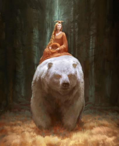 Illustration of a princess riding a white bear, by Jesper Ullbing for Eventyrhuset.no.