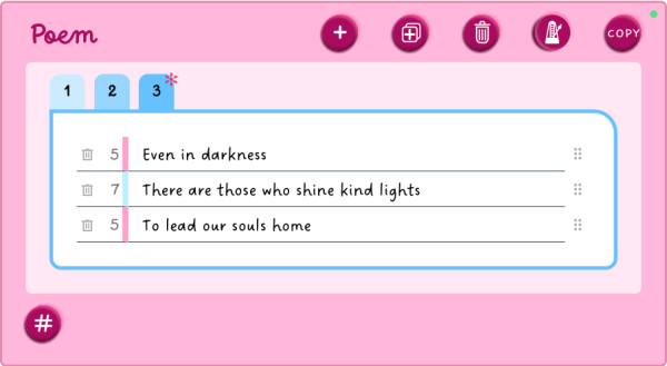A screenshot of the new editor for Giant Heart Poetry.
It has a pink background, and three poetry drafts.  The third draft is active with the lines:

Even in darkness
There are those who shine kind lights
To lead our souls home