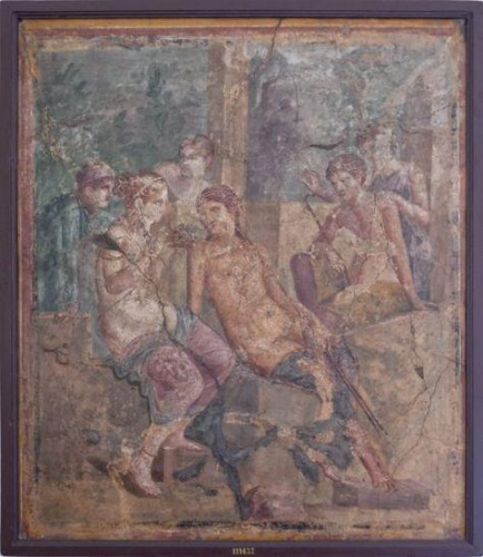 Roman fresco of Artemis and Callisto. It depicts Artemis, seated and wearing radiate crown, turning towards an almost naked Callisto, surrounded by the goddess' retinue.