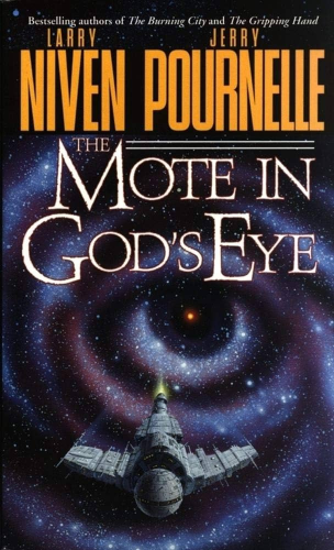 The cover of the book The Mote in God's Eye by Larry Niven and Jerry Pournelle

The image is of a spaceship flying toward the viewer. Behind it is a series of stardust circles that forms the shape of an eye with a red star at the center