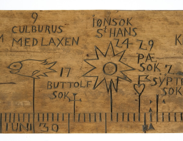 A birch runic calendar, or Primstav, from 1757, showing the end of June. “Jønsok St Hans” is marked on the 24., which makes the 23. St Hans aften – St John’s Eve. The symbol is the sun, noting the solstice that takes place about this date, as well as midsummer. Image: Norsk Folkemuseum.