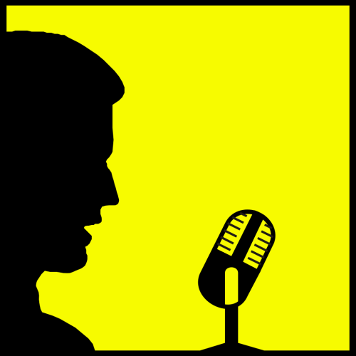 Pictograph of a man talking into microphone.