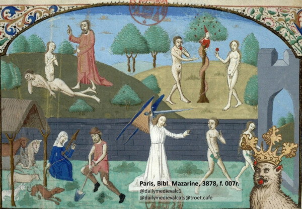Picture from a medieval manuscript: The Expulsion from Paradise as a cycle, bottom left a cat