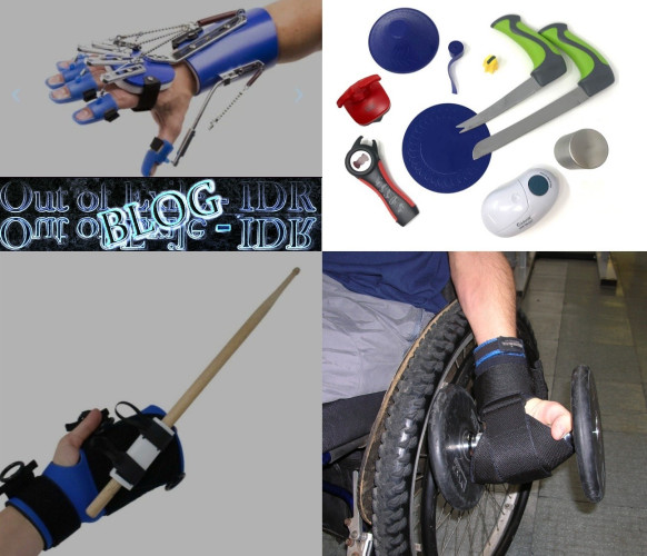 A collage of four photographs showing assistive devices to help people with disabilities.  

Top right: A selection of one-handed kitchen gadgets.  

Top left: A person wearing a device resembling a robot hand, described in detail below.  

Bottom right and left:  Two people's hands are shown using different gripping devices, one to hold a drumstick, and the other is "curling" a barbell.

The words "OutOfExile_IDR BLOG", also appear on the image.