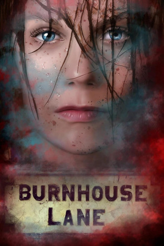 The thumbnail for "Burnhouse Lane". The title is at the bottom. The background is a mixture of blue and red splotches that resemble a bruise. The main character's face takes up a large portion of the image. Her hair is dirty and her face is covered in specks of blood