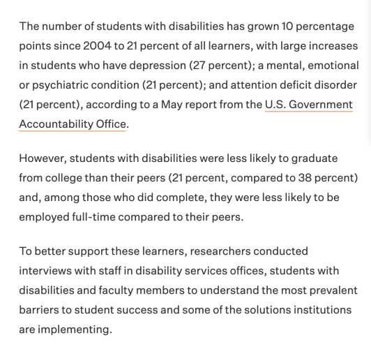 The number of students with disabilities has grown 10 percentage points since 2004 to 21 percent of all learners, with large increases in students who have depression (27 percent); a mental, emotional or psychiatric condition (21 percent); and attention deficit disorder (21 percent), according to a May report from the U.S. Government Accountability Office.
However, students with disabilities were less likely to graduate from college than their peers (21 percent, compared to 38 percent) and, among those who did complete, they were less likely to be employed full-time compared to their peers.
To better support these learners, researchers conducted interviews with staff in disability services offices, students with disabilities and faculty members to understand the most prevalent barriers to student success and some of the solutions institutions are implementing.