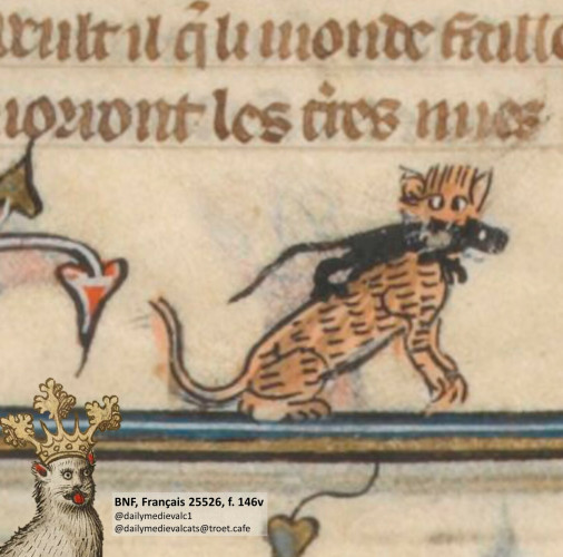 Picture from a medieval manuscript: Orange Cat with a mouse.