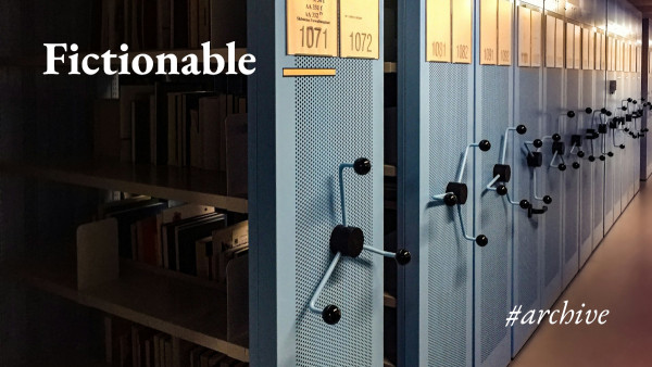 Library stacks roll off into the distance with the legend 'Fictionable #archive'