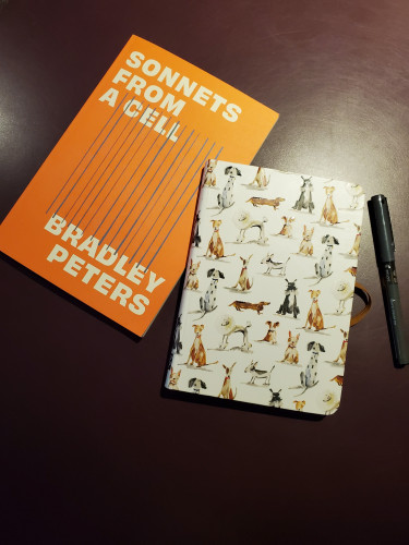 Poetry collection Sonnets from a Cell by Bradley Peters (Brick Books) has a bright orange cover with prison-bar-like lines of blue running through it. It sits on a purple desktop with a notebook with cartoon dogs on the cover and a black pen.