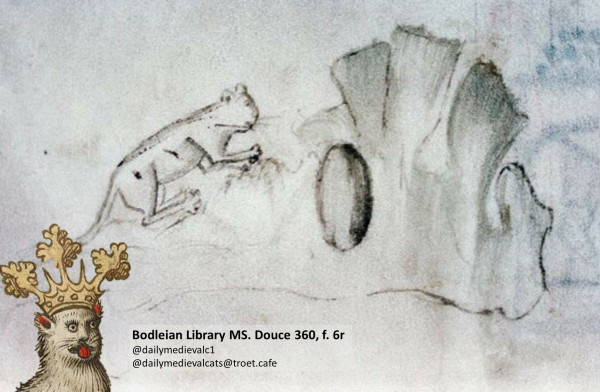 Picture from a medieval manuscript: Black and white drawing of a cat climbing a hill with a cave
