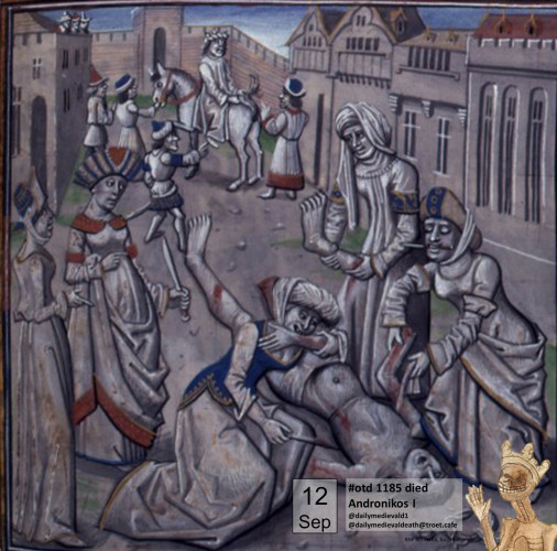 The image from a medieval manuscript shows torture