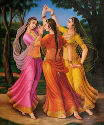 Painting of three Apsaras dancing with one another, holding hands. They are dressed in three different colours, pink, orange, and yellow, with long, see-through veils, and braided black hair.