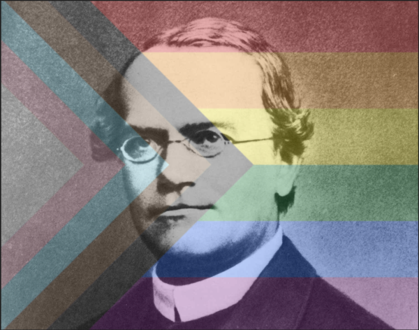 B&W photograph of Gregor Mendel viewed through Progress Pride flag filter.