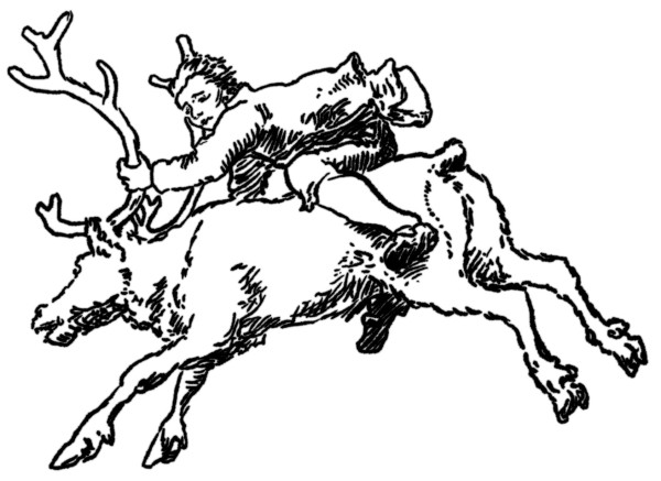 Hans Gude’s illustration of Gullbrand Glesne being taken for a ride by an injured reindeer, as per Peter Christen Asbjørnsen's "Mountain Scenes" (1847).