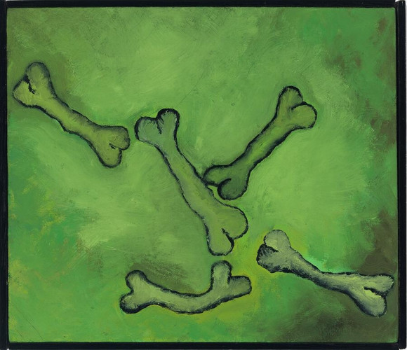 Drawing of stylised bones against a green background.