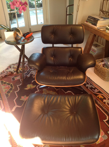 Photo: Leather Eames chair with footstool on oriental carpet with side table - my new chair for reading (on which I will be spending around 3 hours a day