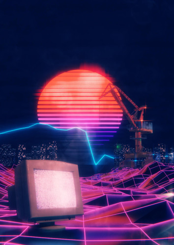 Cover Image copyright Faris Alsuhail
A computer-generated image, in dark blue, neon pink and orange, of an old-fashioned desktop screen in the foreground and a cityscape, shipping crane and a stylised sunset in the background.