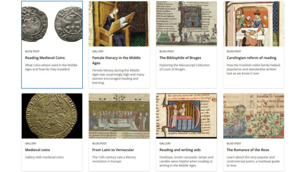 Part of the webpage leading to blogposts & galleries on medieval court culture, with images & titles: 1. Reading medieval coins; 2. Female literacy in the Middle Ages; 3. The bibliophile of Bruges; 4. Carolingian reform of reading; 5. Medieval coins gallery; 6. From Latin to vernacular; 7. Reading & writing aids; 8. The Romance of the Rose.