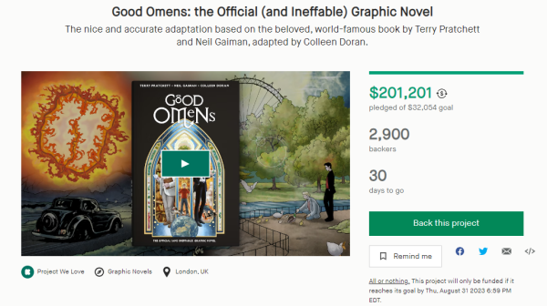 Screenshot on Good Omens Graphic Novel Kickstarter page showing they've reached $201,201 in pledges and 2,900 backers!