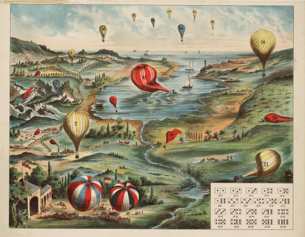 The coloured print shows a bird's view of a landscape with a river, roads, an inland sea, and the ocean at the back. Hot air balloons are all over the image.