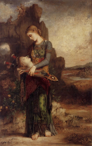 “Thracian Girl Carrying the Head of Orpheus on His Lyre” by Gustave Moreau. In this painting, Orpheus’ severed head has been mounted on his own lyre. The Thracian girl stares mournfully down to Orpheus - her background likely a reference to where Orpheus is thought to be from.