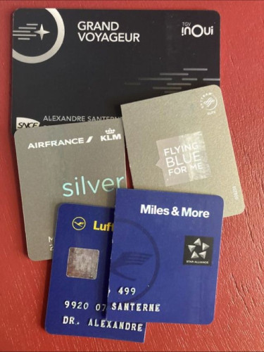 pictures of my AirFrance & KLM Flying Blue and luftansa frequent flyer cards cut on top of my train frequent user.